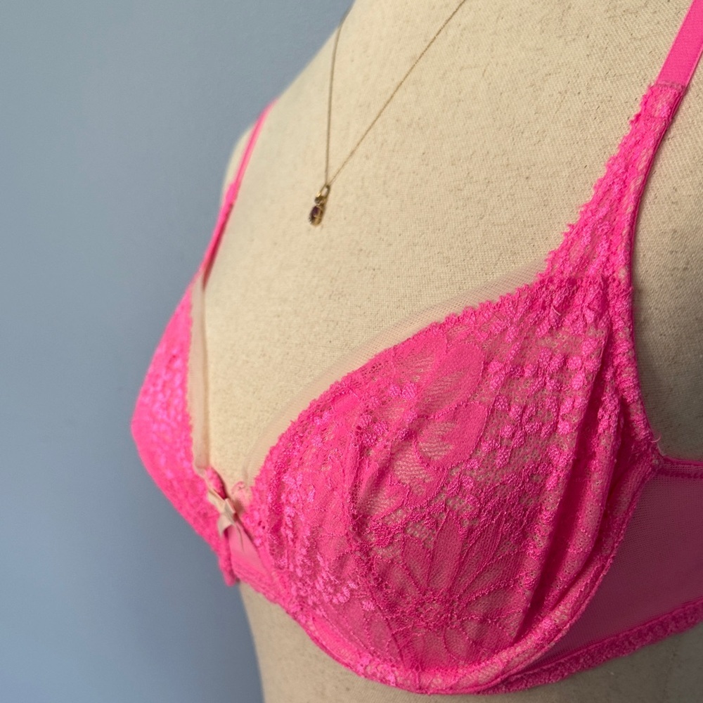 Victoria's Secret Dream Angels Hot Pink Sheer Lace Unlined Demi Bra 34C - Picture 7 of 16